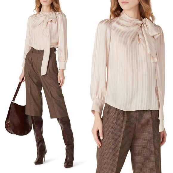Rebecca Taylor Tops - Rebecca Taylor Pink Silk Tonal Kitten Bow Lavaliere Collar Pin Stripe Blouse 12